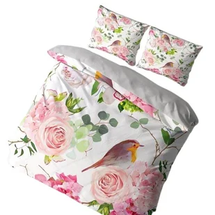 Pościel 3D - Różowe róże/ptak/biało/szara- 200x200 - 3 cz. - Pościel - miniaturka - grafika 1