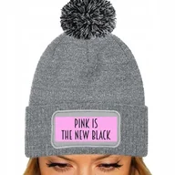 Czapki damskie - CZAPKA POMPON Bawełniana ZIMOWA Szara PINK IS THE NEW BLACK Zabawne Wzory - miniaturka - grafika 1