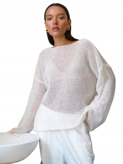 SHEIN BIAŁY SWETER DAMSKI Z DEKOLTEM ŁÓDKA I DŁUGIM RĘKAWEM S 11GA