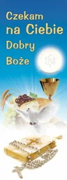 Baner na I Komunię Świętą "Czekam na Ciebie Dobry Boże" 75x200cm - Ikony i obrazy sakralne - miniaturka - grafika 1