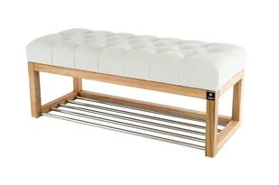 Ławka na buty 150cm EMRAWOOD drewno lite kolor naturalny siedzisko pikowane kolor biały - Ławki do przedpokoju - miniaturka - grafika 1