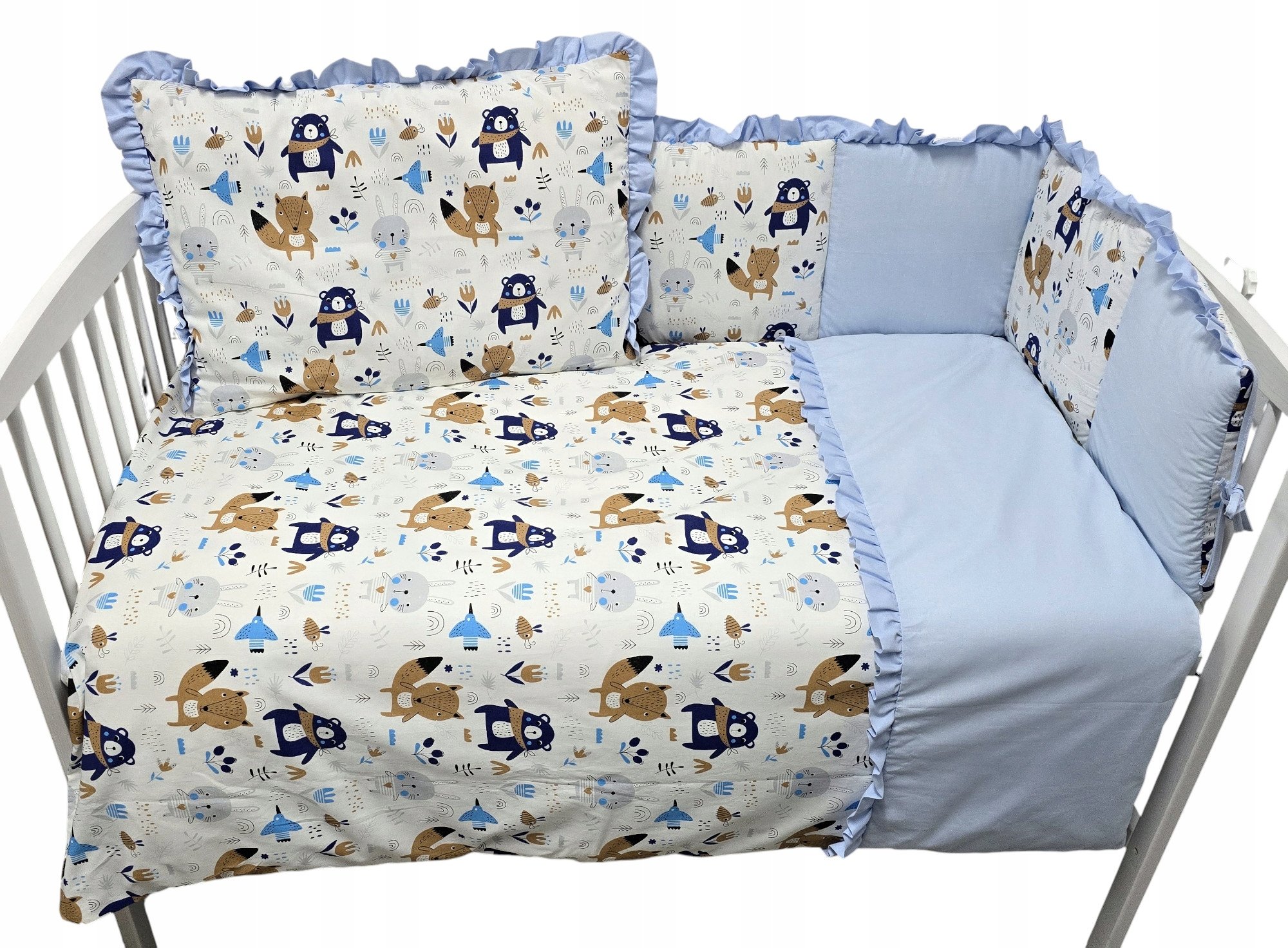 Wyprawka do łóżeczka, pościel, rożek, 7elementów, bawełna, Miś błękit