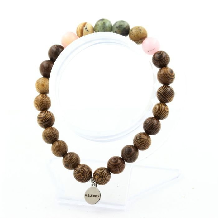 Bransoletka Perły Turkusowe Afrykańskie + Opal Różowy + Jaspis Krajobrazowy + drewno 8 mm