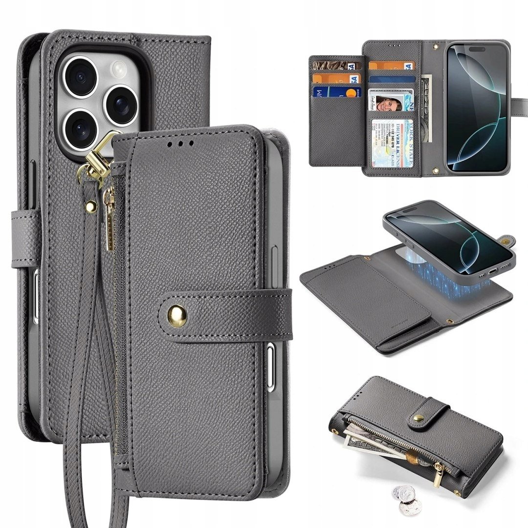 Etui skórzane do iPhone 16 Pro Dux Ducis Lawa z portfelem MagSafe szare