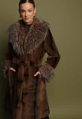 Płaszcze damskie - Brązowy Futrzany Płaszcz z Paskiem i Ozdobnym Kołnierzem i Rękawami Ceneffa - miniaturka - grafika 1