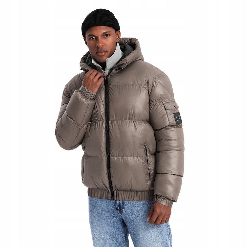 Ciepła kurtka męska puffer ze ściągaczami ciemnobeżowa V3 OM-JAHP-0207 L