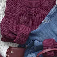 Swetry damskie - TEMU Elegancki Sweter Damski w Kolorze Musztardowym - Oversize, Okrągły Dekolt, Długie Rękawy, Zimowy Ciepły Pulower z Falbanką na Rękawach, Wygodny - miniaturka - grafika 1