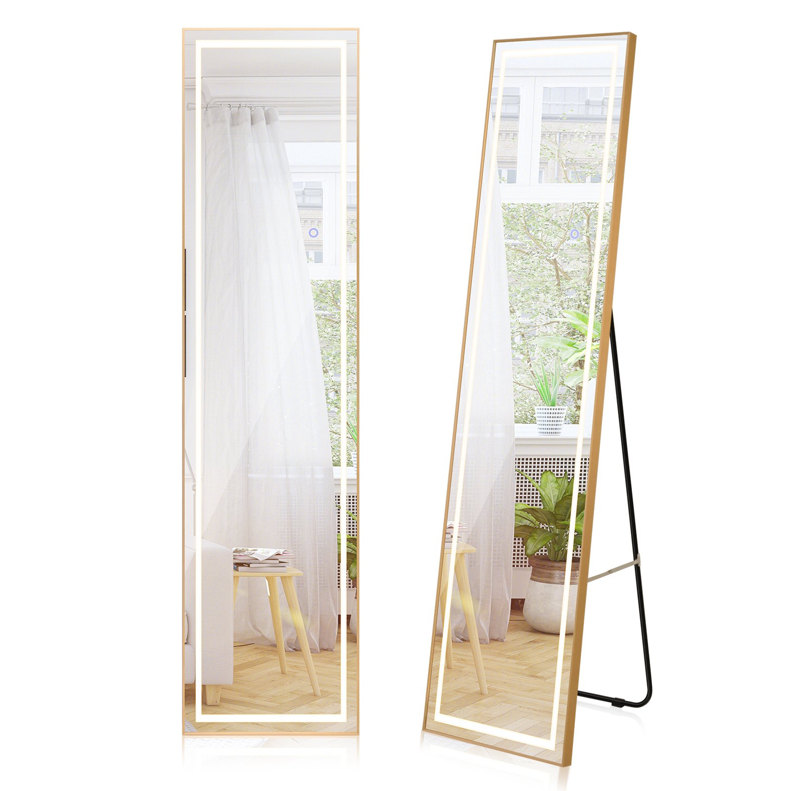 COSTWAY lustro 155 cm, prostokątne lustro stojące, lustro ścienne ze złotą aluminiową ramą i folią przeciwwybuchową, lustro wiszące na drzwiach do przedpokoju, sypialni, salonu