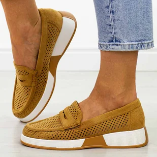 Camelowe ażurowe mokasyny damskie Sergio Leone Mk095 - Mokasyny damskie - miniaturka - grafika 1