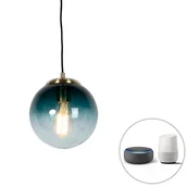 Lampy sufitowe - QAZQA Inteligentna lampa wisząca mosiężna ze szkłem w kolorze oceanicznego błękitu 20 cm z WiFi ST64 - Pallon - miniaturka - grafika 1
