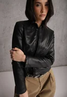 Kurtki damskie - Czarna Kurtka w Stylu Gładkiej Ramoneski z Dekoltem Crew Neck Issanore - miniaturka - grafika 1