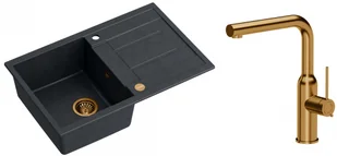 Quadron Zlewozmywak granitowy jednokomorowy 78*50*22 cm z ociekaczem MORGAN 111 BLACK DIAMOND z miedzianym odpływem z baterią ANGELINA Q LINE z wyciąganą wylewką kolor miedziany - Zlewozmywaki z baterią - miniaturka - grafika 1
