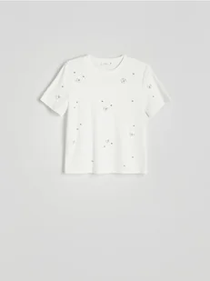 Reserved - T-shirt regular z aplikacjami - biały - Koszulki i topy damskie - miniaturka - grafika 1
