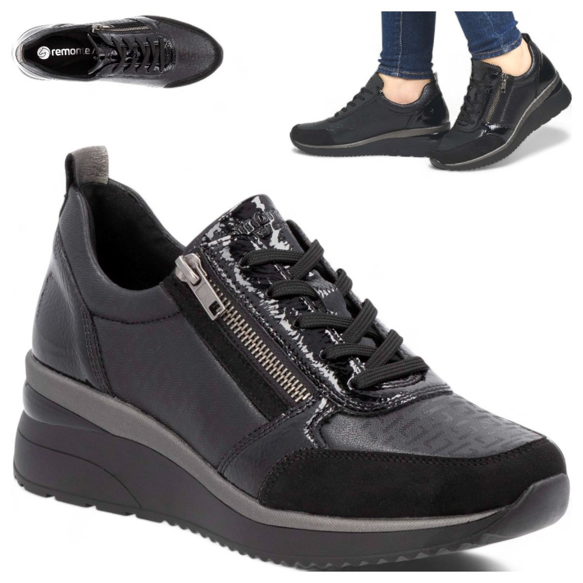 Półbuty Damskie Sneakersy na Platformie z zamkiem Wygodne Czarne Remonte 38