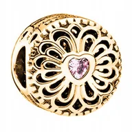 Bransoletki - Złoty Charms Kwiatek Różowe Serce Ażurowy Kwiat Flower SREBRO 925 - miniaturka - grafika 1