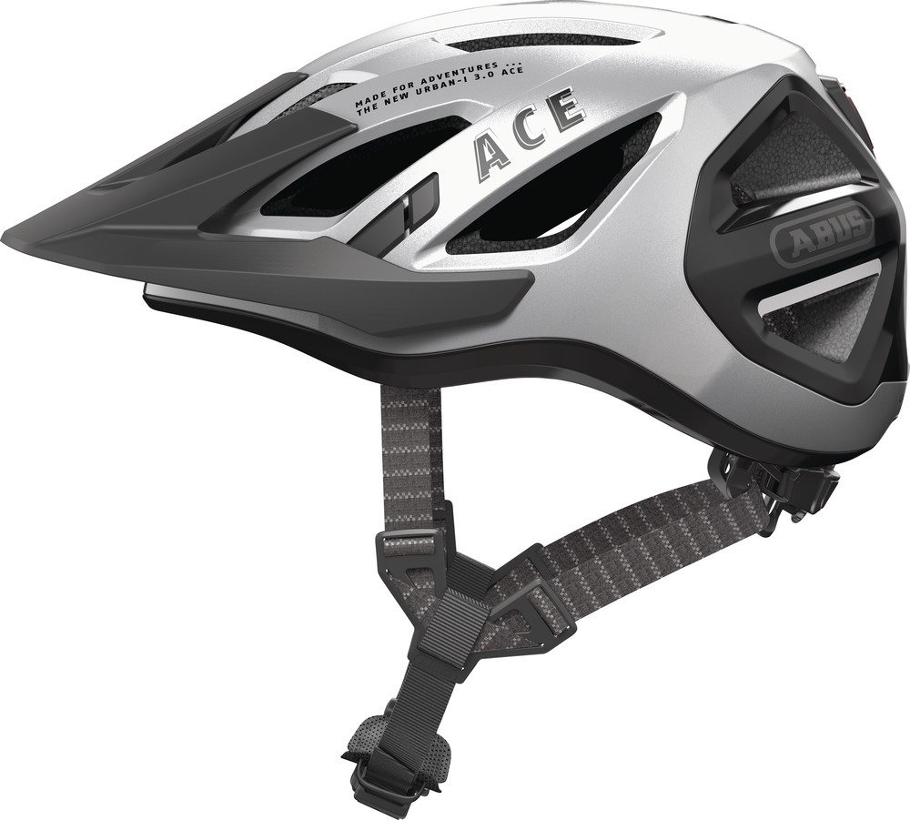 Kask miejski ABUS Urban-I 3.0 ACE - sportowy kask rowerowy z tylnym światłem LED, przedłużonym daszkiem i zapięciem magnetycznym - dla kobiet i mężczyzn - srebrny, rozmiar S
