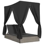 Zasłony - vidaXL Podwójny leżak z daszkiem i zasłonami z szarego polirattanu - miniaturka - grafika 1