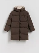 Kurtki i płaszcze dla dziewczynek - Reserved - Długi płaszcz z puchem - ciemnobrązowy - miniaturka - grafika 1