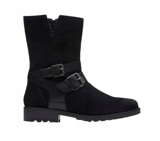CLARKS CZARNE BOTKI Z ZAMSZOWĄ CHOLEWKĄ I KLASYCZNYMI KLAMRAMI 39 14AC