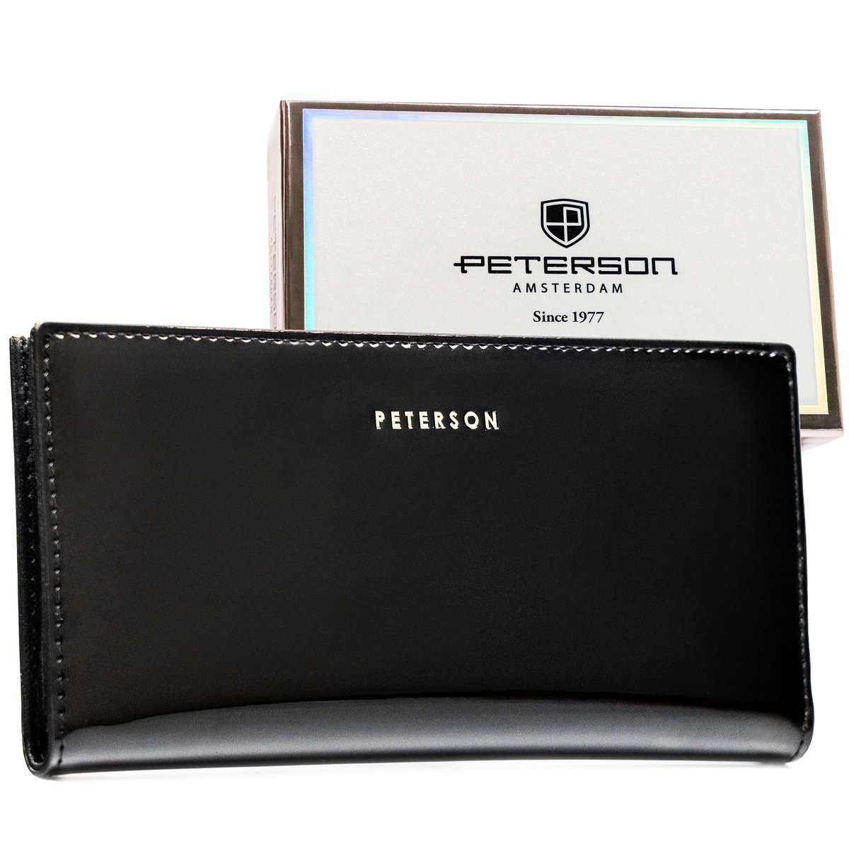 Portfel damski slim PETERSON duży rozbudowany na karty elegancki na zatrzask i suwak czarny