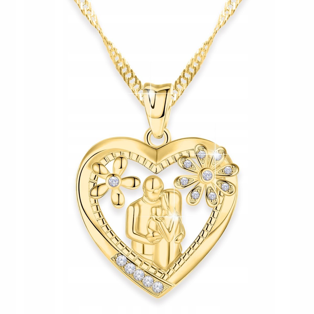 Złoty Naszyjnik Matka z Dzieckiem Rodzina z Kwiatami Mama Córka SREBRO 925