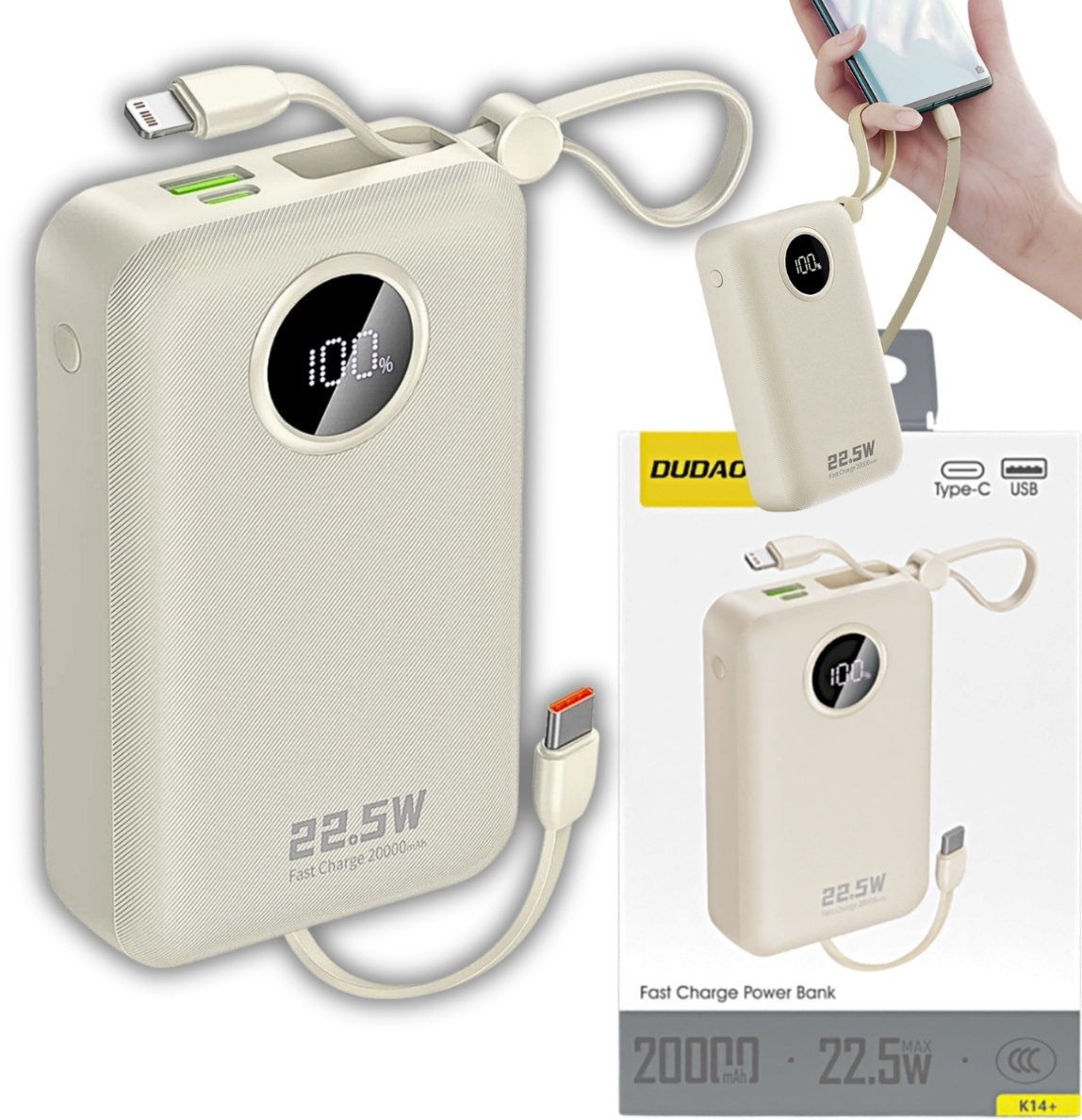 Dudao K14+ 20000mAh 22.5W USB-C / USB-A / wbudowane kable Lightning i USB-C Biały