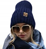 Czapki damskie - Granatowa CIEPŁA damska CZAPKA wełniana POLSKI produkt WEŁNA modne kolory - miniaturka - grafika 1