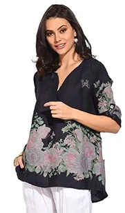 Bonateks damska top 100% lniana tunika Made in Italy, Tunezyjski top z kwiatowym nadrukiem i odpinanymi długimi rękawami, granatowa, rozmiar: S, granatowy, S - Koszulki i topy damskie - miniaturka - grafika 1