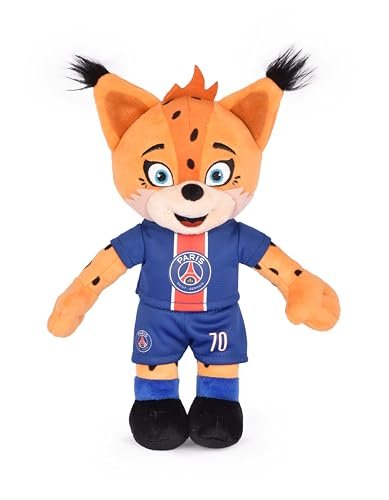 PSG - Germain Le Lynx Mascotte Pluszowa - 35 cm - Oficjalna licencja - Miękki plusz z wyjmowaną koszulką - Pamiątka dla fanów Paris Saint-Germain dla dzieci i kibiców - pomysł na prezent dla piłki