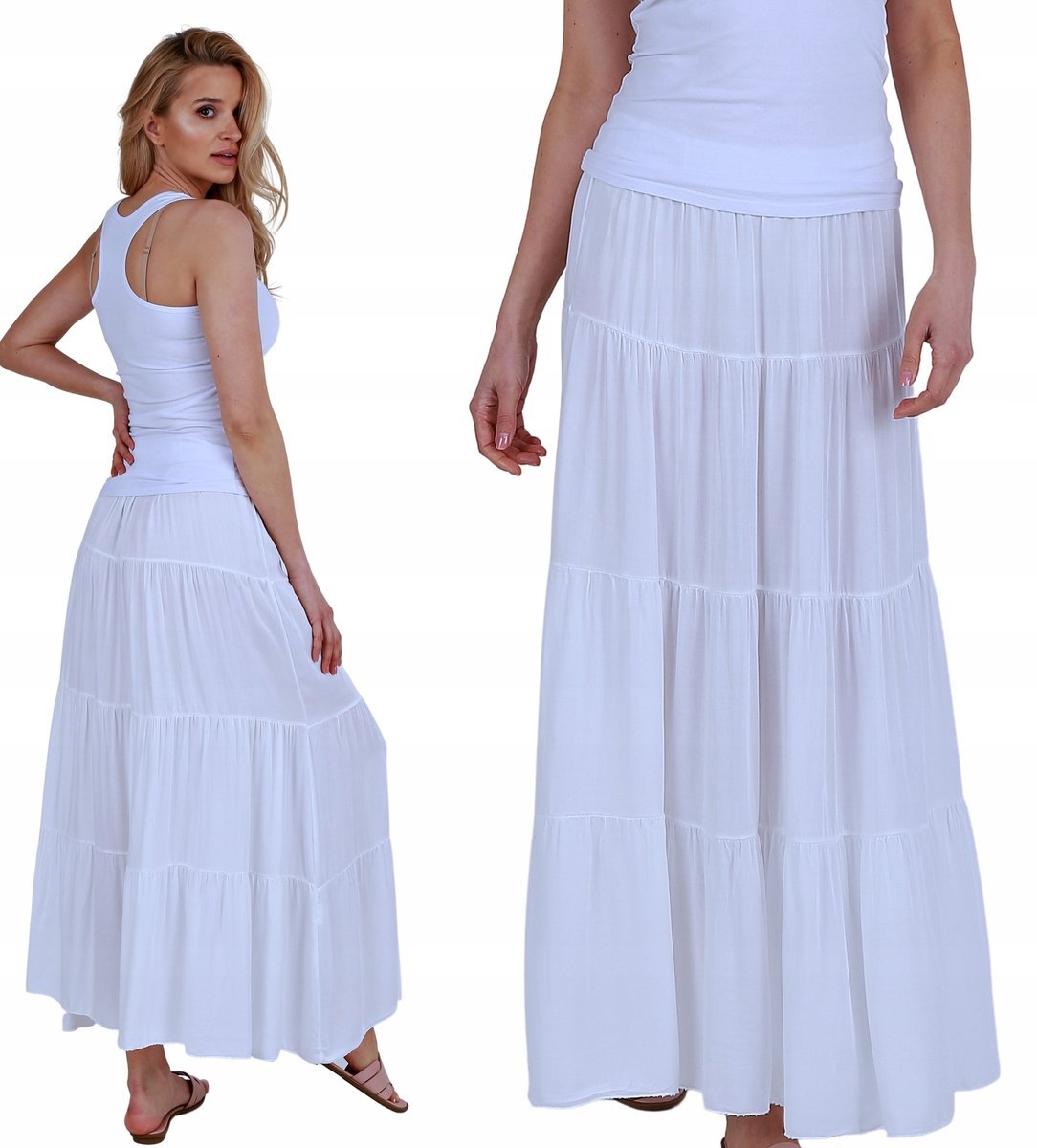 Długa spódnica BIAŁA zwiewna Letnia Hiszpanka BOHO