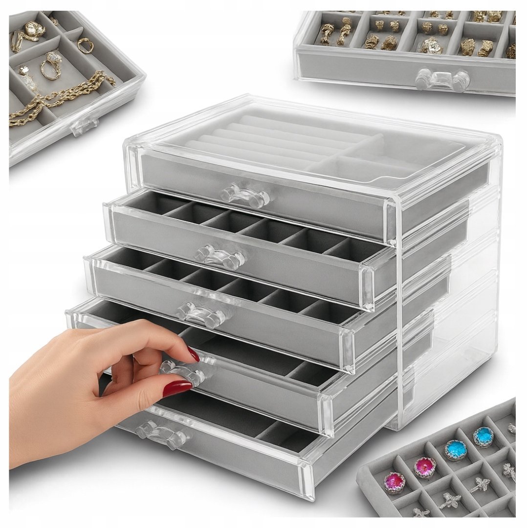 PRZEZROCZYSTA AKSAMITNA SZKATUŁKA NA BIŻUTERIĘ 5 SZUFLAD ORGANIZERY PREZENT