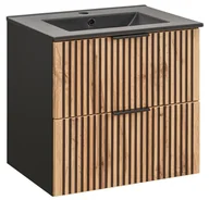 Szafki łazienkowe - Czarna Szafka Łazienkowa z Czarną UMYWALKĄ 60 cm RYFLOWANY FRONT - miniaturka - grafika 1