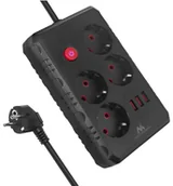 Listwy zasilające - Listwa zasilająca Maclean, przedłużacz 4 gniazda + 3xUSB, 110-240V AC 50/60Hz, 2.1A max 2500W, 3m, czarna ,MCE393 B - miniaturka - grafika 1