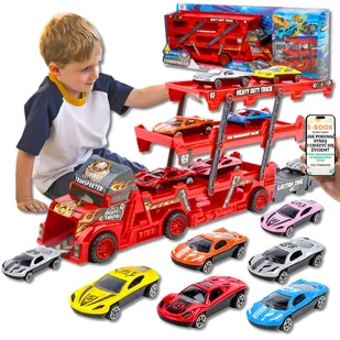 ZESTAW AUTEK Z WYRZUTNIĄ + 3-POZIOMOWA LAWETA TIR CIĘŻARÓWKA + 6 SAMOCHODZIKÓW DYNAMICZNA ZABAWA PREZENT DLA CHŁOPCA WNUCZKA + EBOOK-1 - Samochody i pojazdy dla dzieci - miniaturka - grafika 1