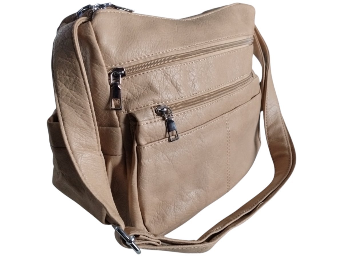 Torebka Damska Listonoszka na Ramię - Dużo Kieszeni, Beżowa, Miejska A5