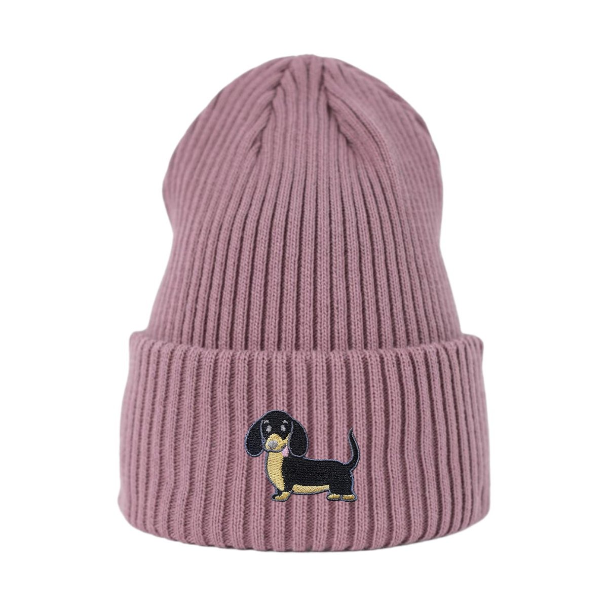 Haftowana czapka beanie - CZARNY JAMNIK - różowa