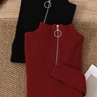 Swetry damskie - TEMU Zestaw Dwóch Stylowych Damskich Bluzek Warstwy Bazy Zapinanych na Zamek z Półwysokim Kołnierzykiem, Zaprojektowanych, Aby Być Dopasowanymi i - miniaturka - grafika 1