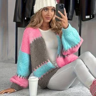 Swetry damskie - TEMU Sweter Damski Oversize - Kolorowy Blok w Pastelowych Odcieniach Różu, Niebieskim i Turkusowym z Brązowymi Akcentami, Luźny Krój z Opadającymi - miniaturka - grafika 1