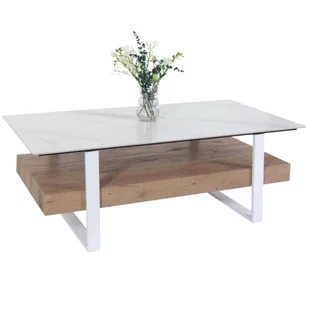 Stolik kawowy HWC-L88, stolik do salonu, półka żelazna 43x120x60cm spiekany kamień o wyglądzie marmuru białe naturalne drewno - Ławy i stoliki kawowe - miniaturka - grafika 1