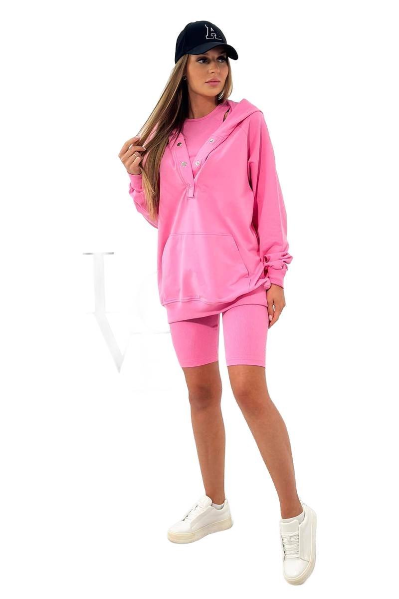Komplet 3 w 1 bluza, top i krótkie legginsy różowy
