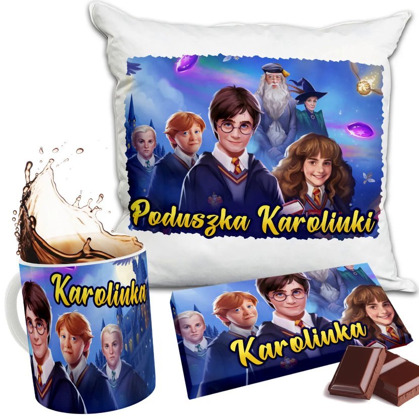 Zestaw HARRY POTTER Kubek + Poduszka + Czekolada + Imię Prezent Nadruk
