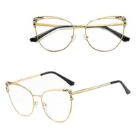 Okulary korekcyjne, oprawki, szkła - Stalowe Damskie okulary kocie zerówki do komputera BLUE LIGHT z flexami 25102C Złoty/Czarny - miniaturka - grafika 1