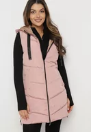 Kamizelki damskie - Różowa Pikowana Kamizelka Dwustronna z Kapturem i Sznurkami Leorani - miniaturka - grafika 1