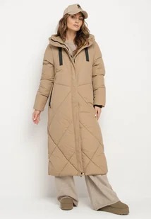 Ciemnobeżowa Pikowana Kurtka o Długim Pudełkowym Kroju z Kapturem i Kieszeniami Attesina - Kurtki damskie - miniaturka - grafika 1