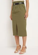 Spódnice - Zielona Spódnica z Bawełny z Wysokim Stanem Wykończona Gumką w Talii i Paskiem Crisianne - miniaturka - grafika 1