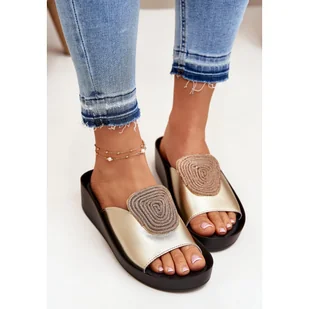 S.Barski Skórzane Damskie Klapki Z Ozdobą KV51-028 Złote złoty - Klapki i japonki damskie - miniaturka - grafika 1