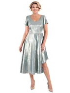 Sukienki - Miętowa sukienka maxi z połyskiem i broszką rozkloszowana kreacja z dekoltem serek i asymetrycznym dołem, idealna na wesele 39999 - ModBiS - miniaturka - grafika 1