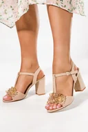 Espadryle damskie - Beżowe sandały z kryształkami damskie na słupku t-bar skórzana wkładka Casu ER24X4-N-41 - miniaturka - grafika 1