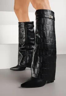 Czarne Kozaki na Obcasie z Tłoczoną Wywiniętą Cholewką i Klamrą Latalina - Kozaki damskie - miniaturka - grafika 1