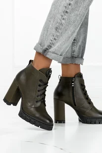 Zielone botki skórzane na słupku sznurowane PRODUKT POLSKI Casu 2408-206 - Botki damskie - miniaturka - grafika 1